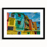 Extra large abstract art print featuring a colorful, textured depiction of a South American scenery, framed in black.
