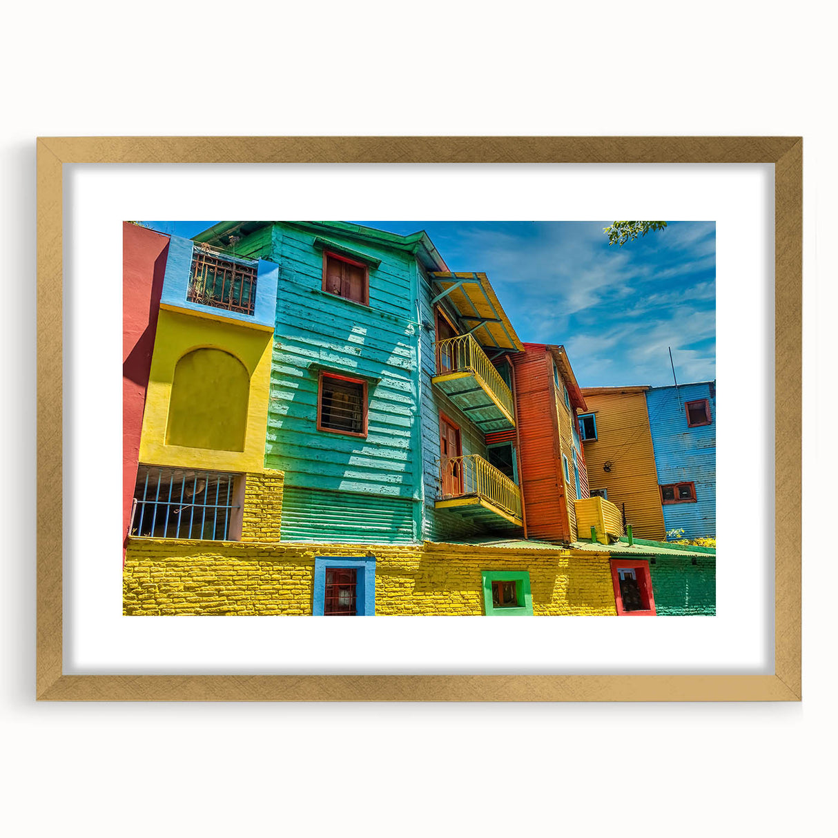 Extra large abstract art print of Buenos Aires cityscape in textured gold frame, ideal for living room decor.