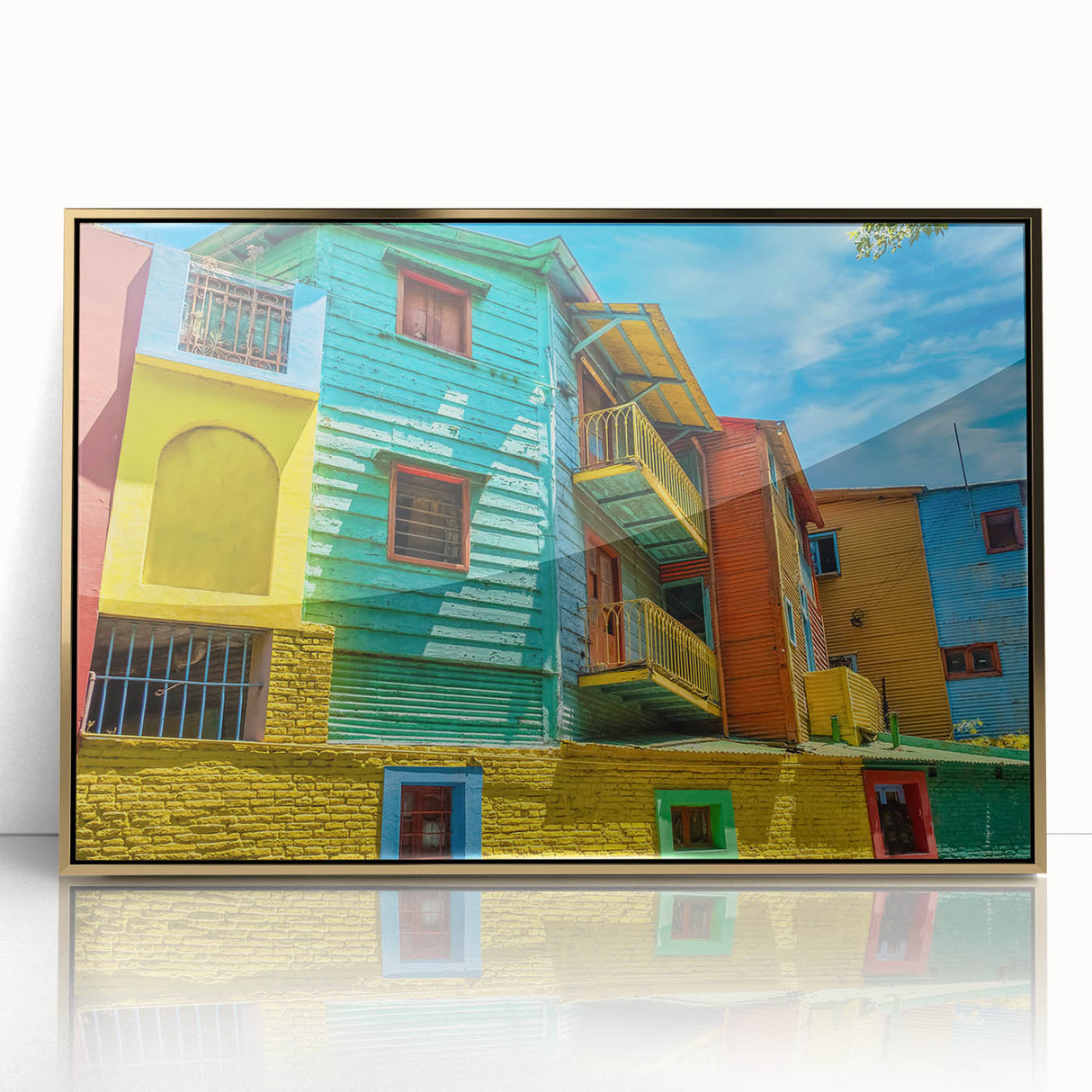 Acrylic print of Buenos Aires skyline in muted gold and gray tones, framed, mid-century modernist style.