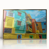 Acrylic print of Buenos Aires skyline in muted gold and gray tones, framed, mid-century modernist style.