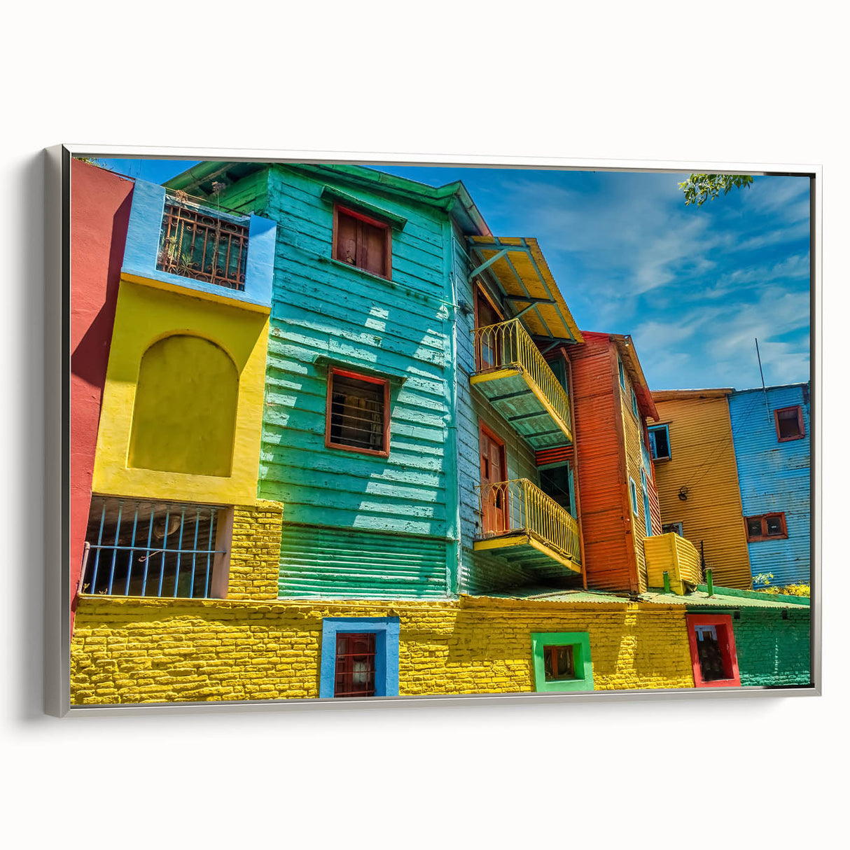 Landscape painting of Buenos Aires with colorful vintage style on a silver-framed canvas, ideal for office decor.