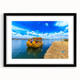 Extra large abstract art print of a colorful Bolivian landscape on textured canvas, framed in black.
