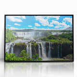 Large abstract wall art depicting a stylized Brazilian landscape in vibrant colors, framed in black acrylic.