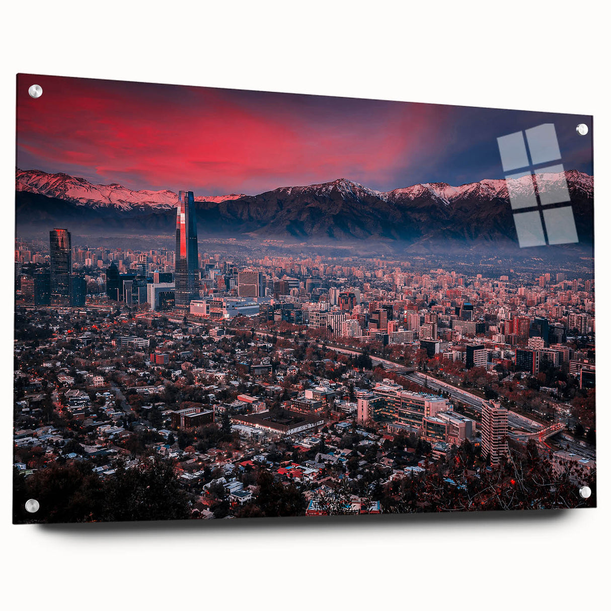 Acrylic print of Santiago, Chile with muted earth tones, ideal for dining room decor.