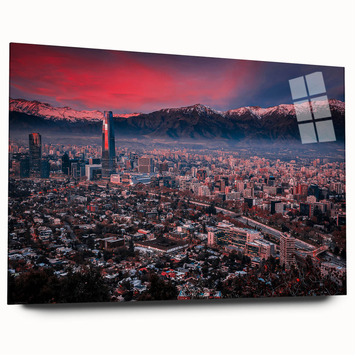 Acrylic print of a large abstract depiction of Santiago, Chile in muted earth tones, ideal for bedroom or dining room art.