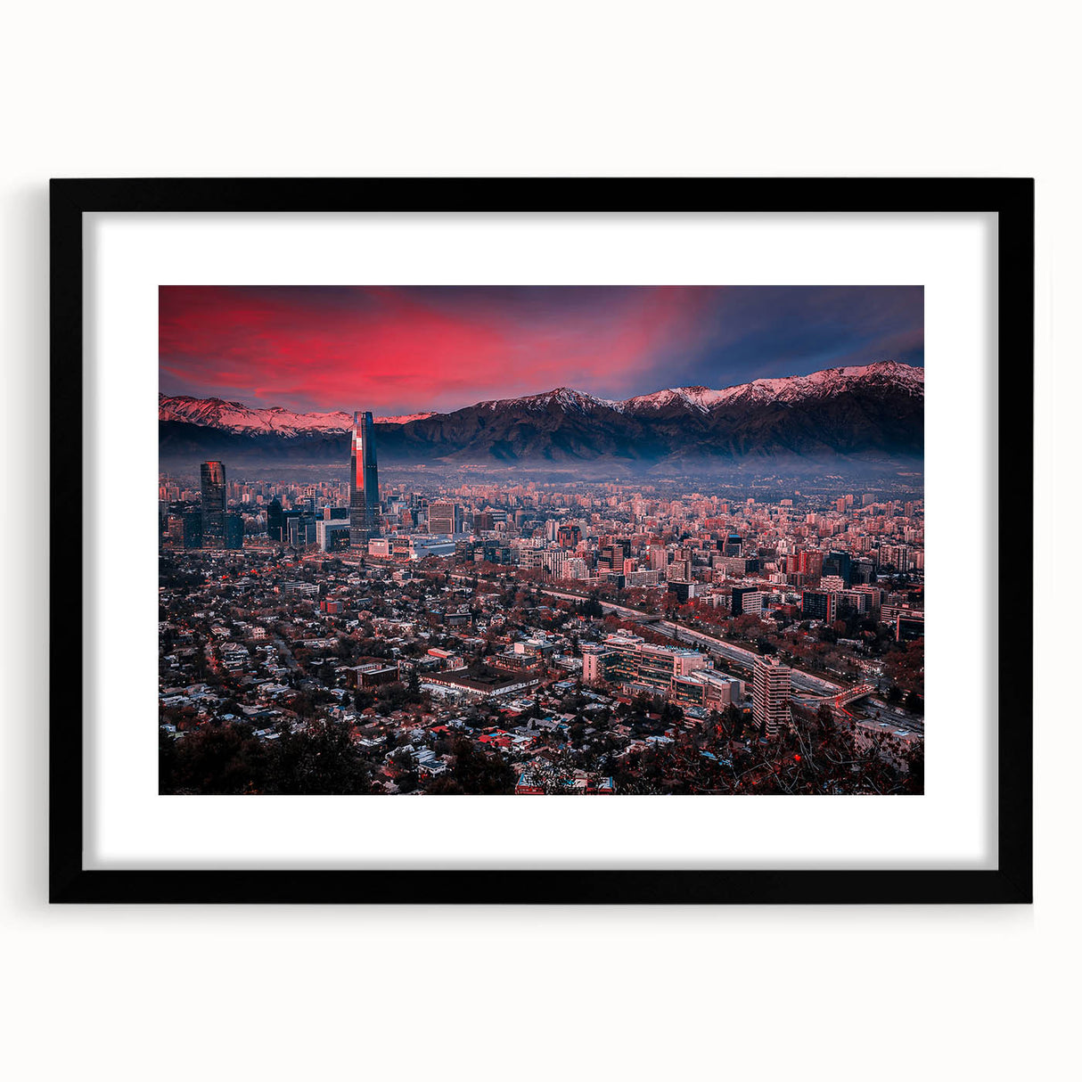 Extra large, textured abstract art print of colorful Santiago scenery on a framed canvas, ideal for living room decor.