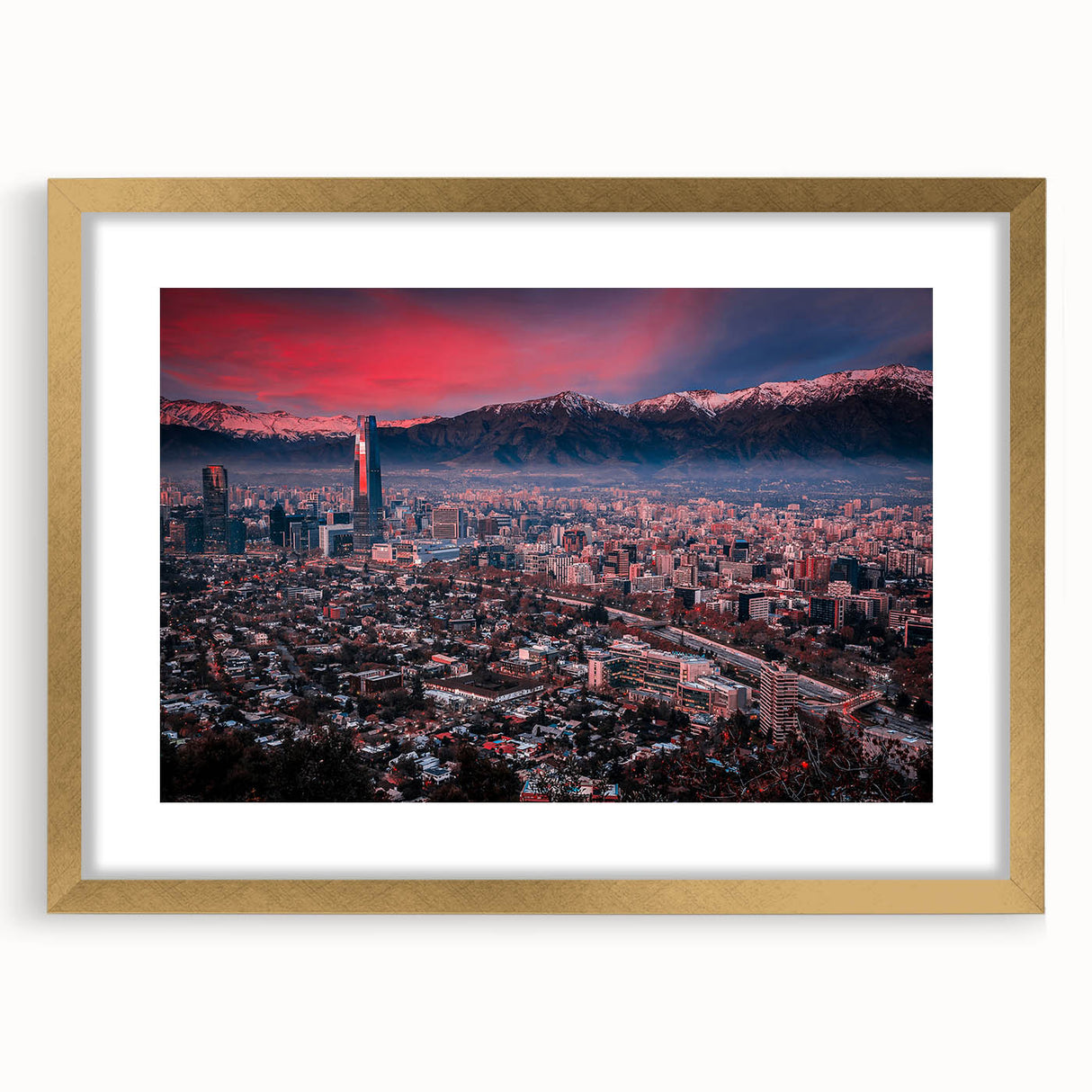 Extra large abstract art print of Santiago, Chile in textured gold frame, featuring muted earth tones.