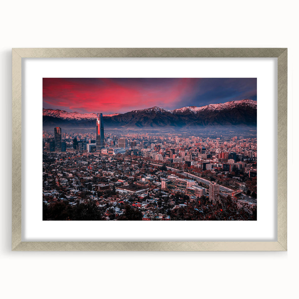 Textured art print of Santiago skyline in muted earth tones on a silver framed canvas, suitable for bedroom decor.