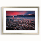 Textured art print of Santiago skyline in muted earth tones on a silver framed canvas, suitable for bedroom decor.