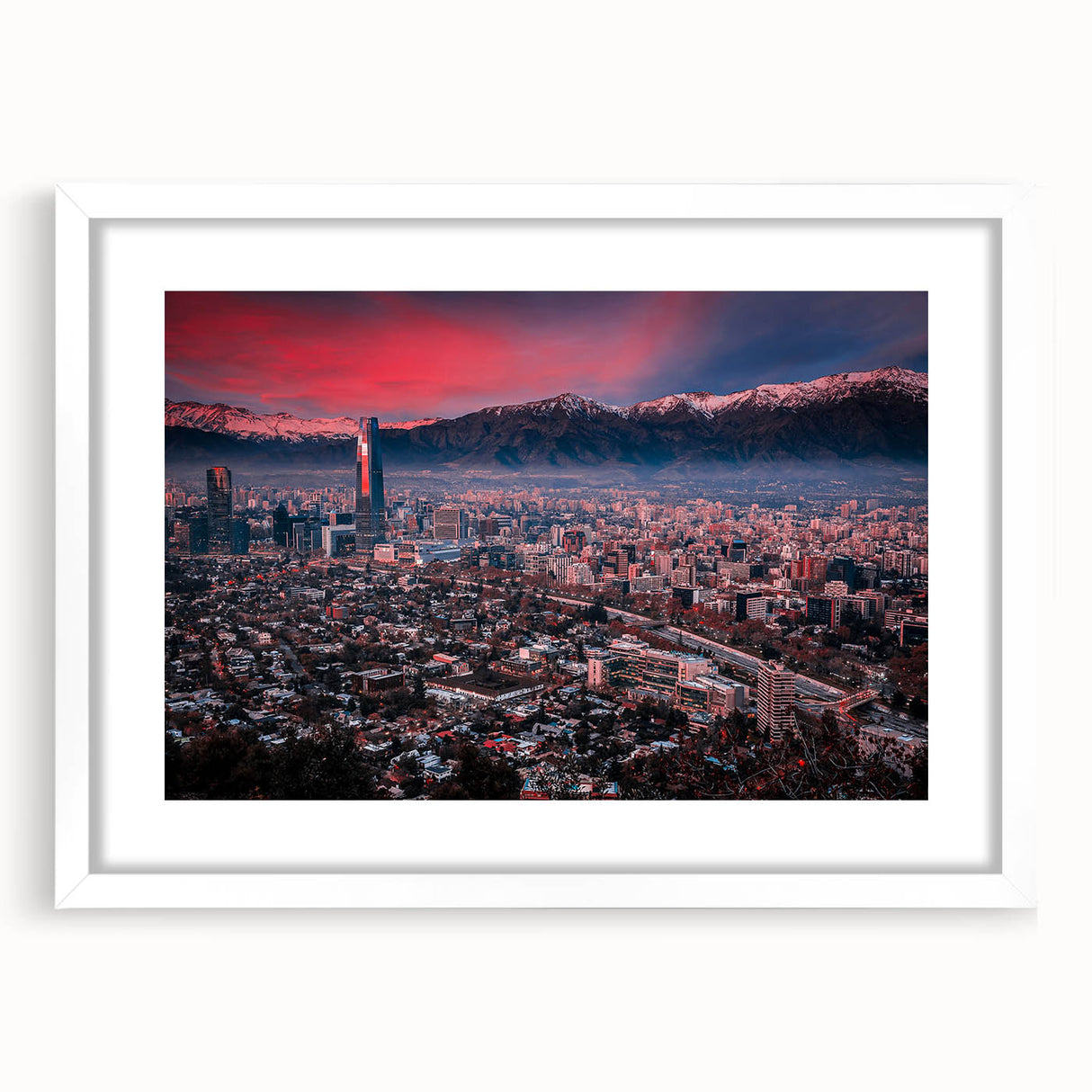 Abstract art print of Santiago, Chile with soft pastel colors on a framed white mat, suitable for dining room decor.
