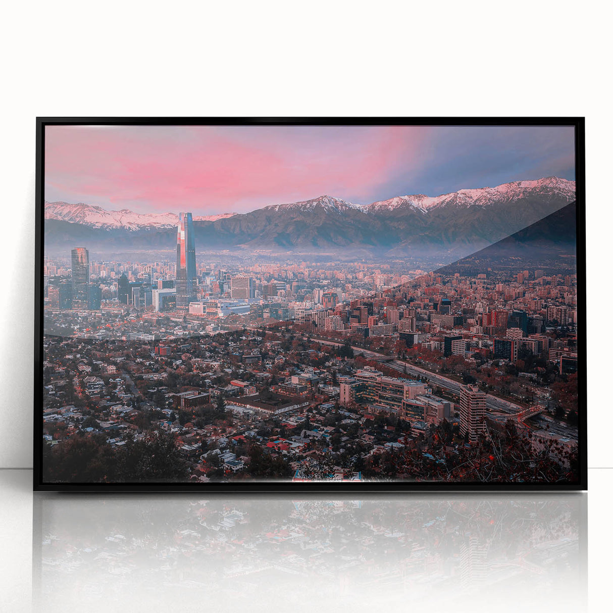 Large abstract wall art depicting Santiago, Chile in muted earth tones on a framed acrylic.