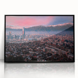 Large abstract wall art depicting Santiago, Chile in muted earth tones on a framed acrylic.