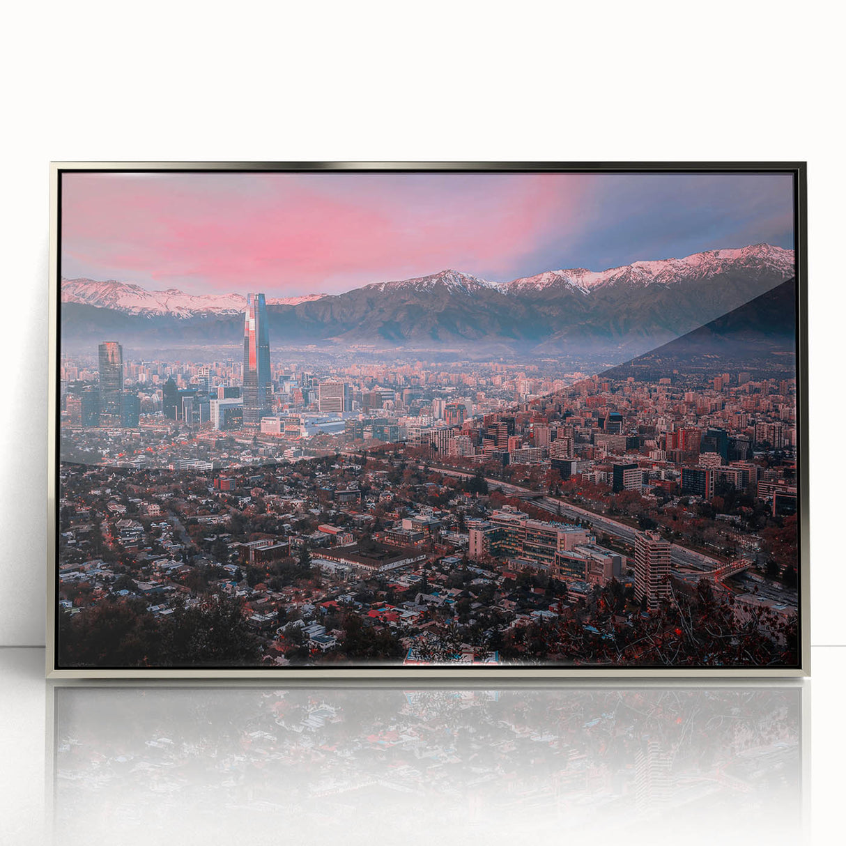 Mid-century modernist art of Santiago, Chile skyline in muted earth tones on framed acrylic, ideal for modern art wall decor.