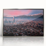 Mid-century modernist art of Santiago, Chile skyline in muted earth tones on framed acrylic, ideal for modern art wall decor.