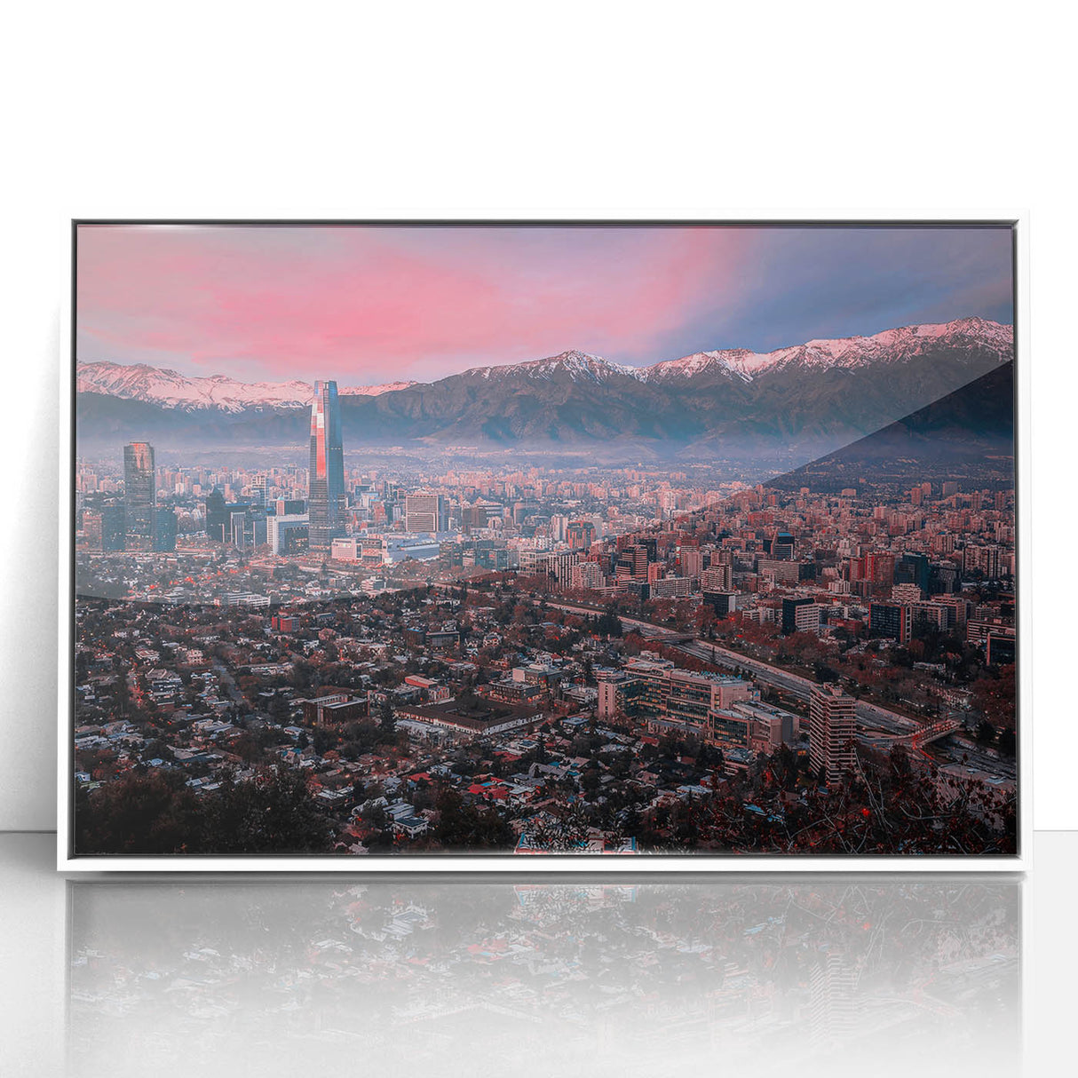 Acrylic print of Santiago, Chile skyline in art deco style with pastel colors, ideal for modern nursery wall art.