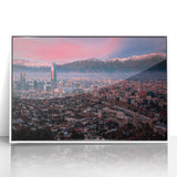 Acrylic print of Santiago, Chile skyline in art deco style with pastel colors, ideal for modern nursery wall art.