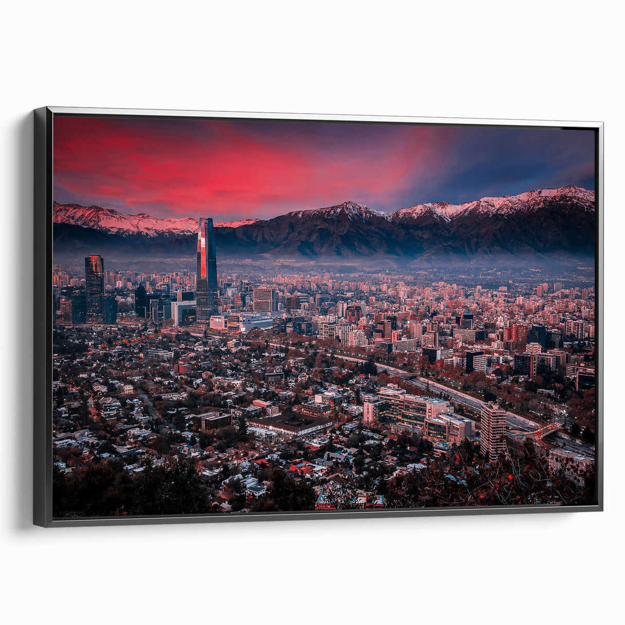Black and white vintage poster art of Santiago landscape on framed canvas, suitable for bedroom decor.