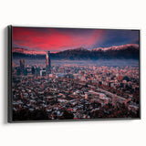 Black and white vintage poster art of Santiago landscape on framed canvas, suitable for bedroom decor.
