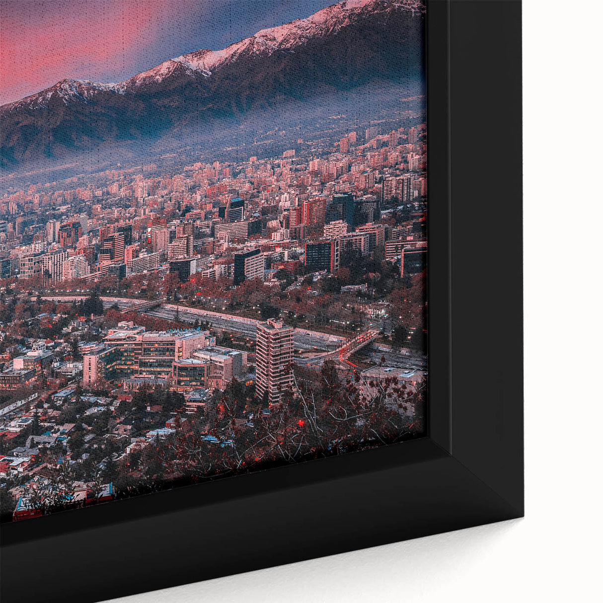 Extra large framed canvas of Santiago, Chile, featuring black textured art and colorful accents, ideal for living room decor.