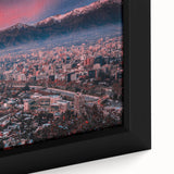 Extra large framed canvas of Santiago, Chile, featuring black textured art and colorful accents, ideal for living room decor.
