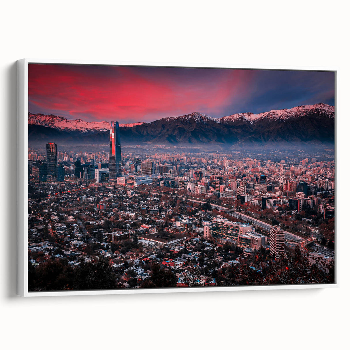 Vintage poster art of Santiago, Chile skyline in vibrant colors on a large framed canvas, ideal for living room decor.