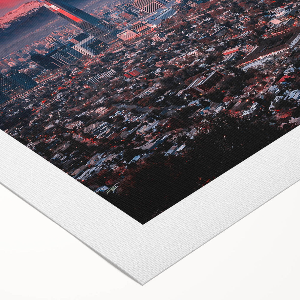 Art Deco poster of Santiago skyline in muted gray and blue tones on rolled canvas, suitable for dining room decor.