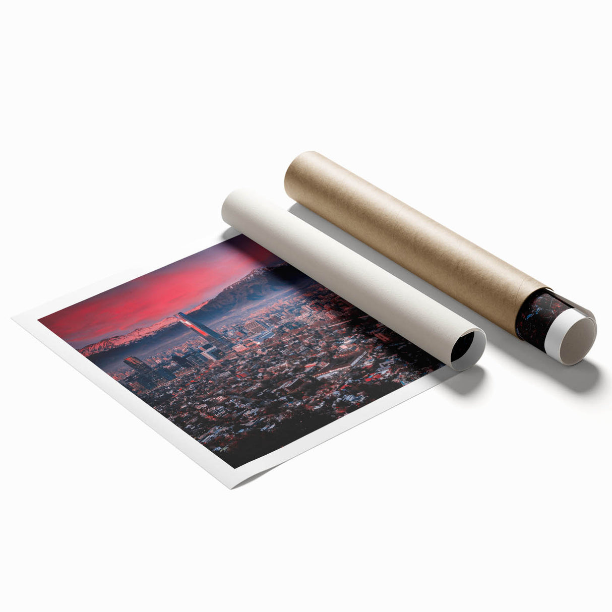 Extra large rolled print of Santiago, Chile skyline with muted earth tones, ideal for classy bathroom wall art.