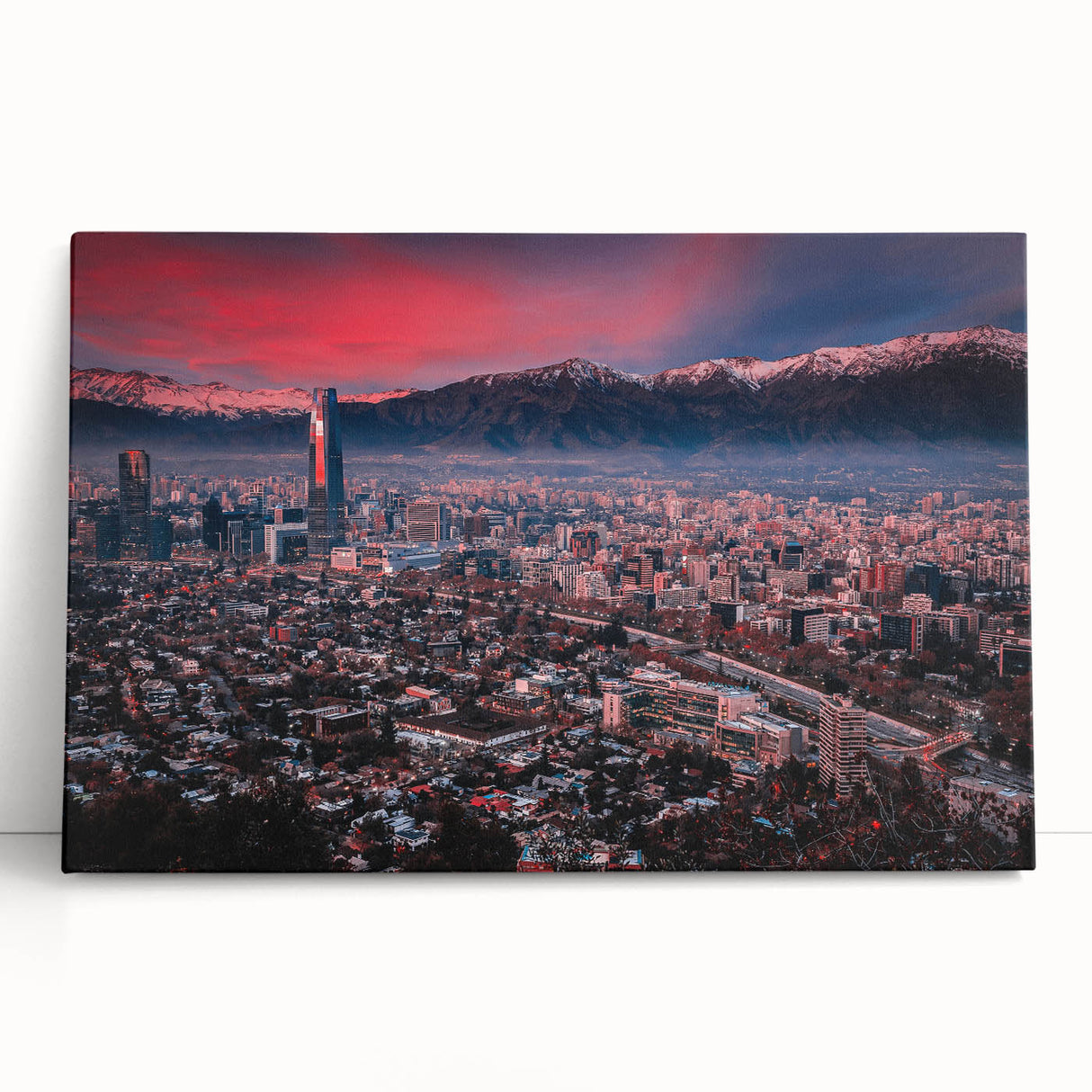 Black and white stretched canvas of Santiago, Chile skyline, suitable as large kitchen wall art.