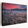 Panoramic view of Santiago, Chile skyline in muted earth tones on stretched canvas, suitable for kitchen wall art.