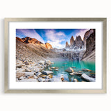 Textured abstract art print of a Chilean landscape in silver frame, ideal for bedroom art, featuring muted earth tones.