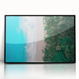 Large abstract wall art depicting a vibrant Colombian landscape in mid-century modernist style, framed in black acrylic.