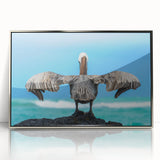 Mid-century modernist art of Galapagos scenery in muted earth tones on a silver-framed acrylic, ideal for nursery wall art.
