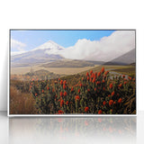 Acrylic print of a serene Ecuadorian landscape in soft pastel tones, framed in white, suitable for modern art wall decor.