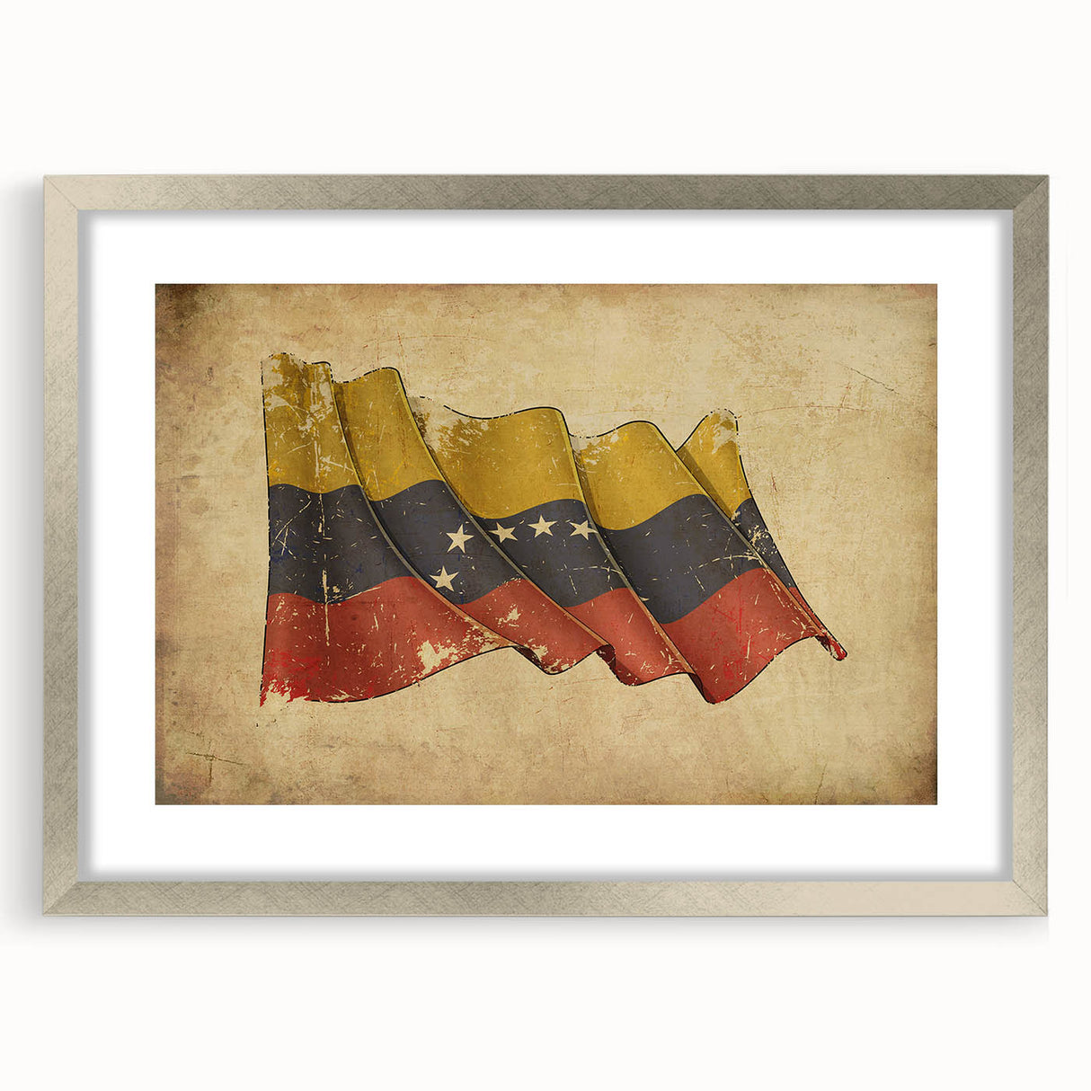 Textured abstract art print depicting a vibrant Venezuelan landscape on a framed silver mat, ideal for bedroom art.