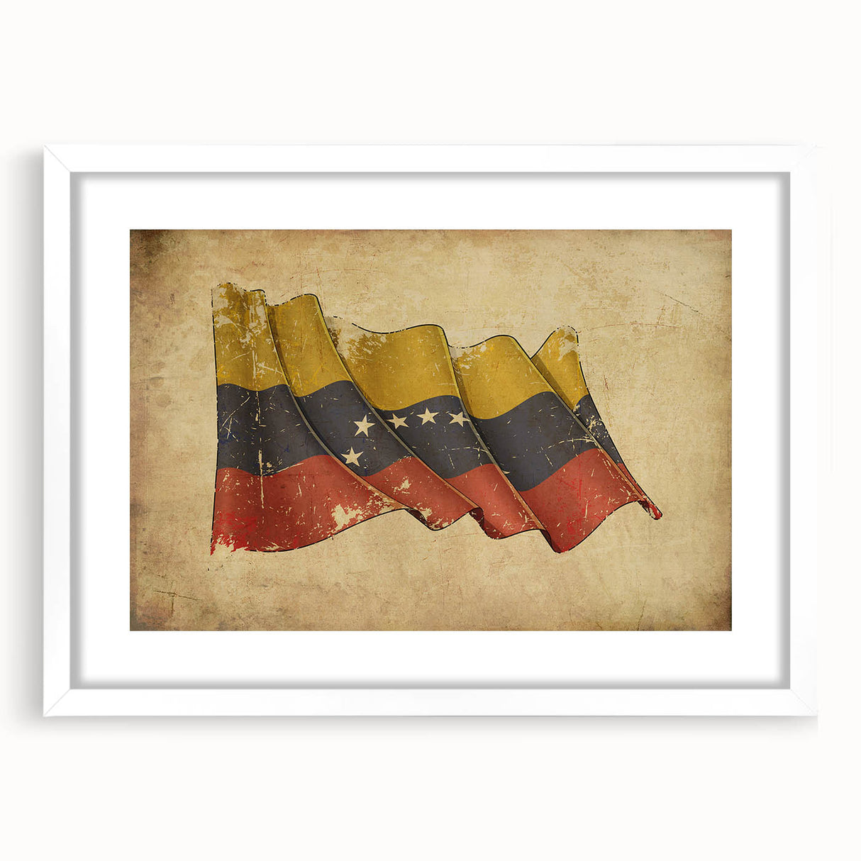 Abstract art print of a South American landscape in muted earth tones on a framed white mat, suitable for dining room decor.