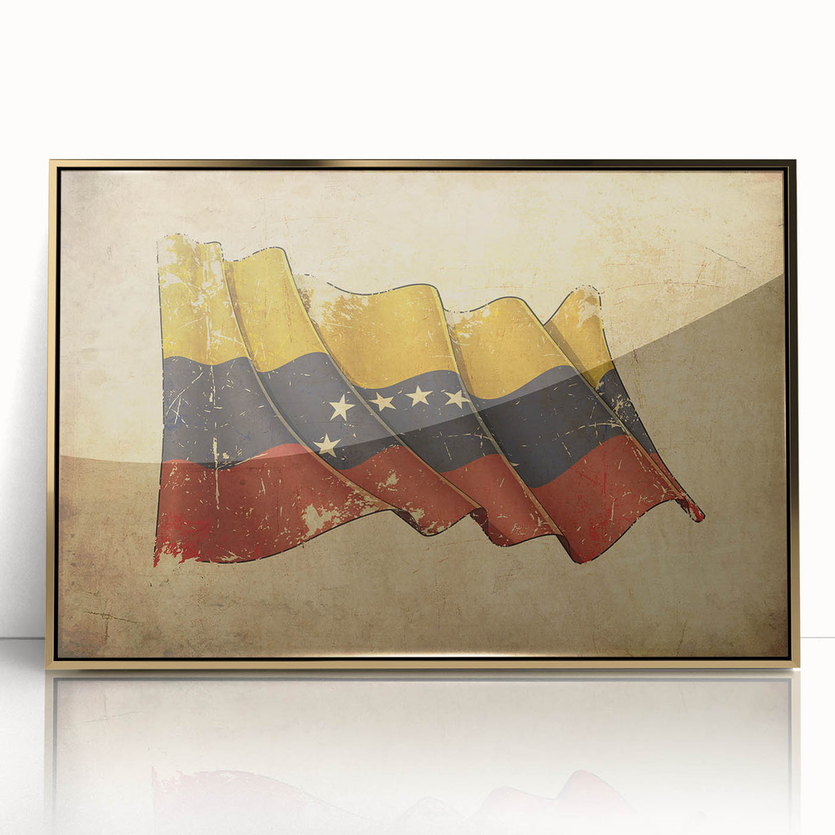 Mid-century modernist acrylic print of a Venezuelan landscape in muted earth tones, framed in gold.