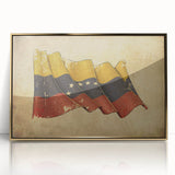 Mid-century modernist acrylic print of a Venezuelan landscape in muted earth tones, framed in gold.
