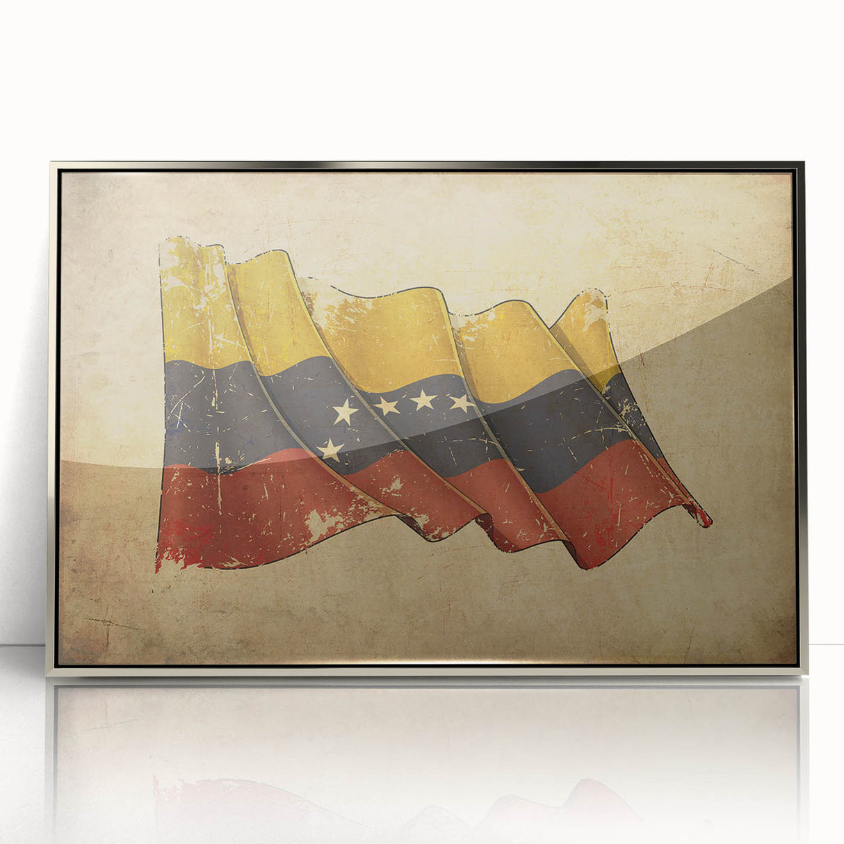 Mid-century modernist art depicting a serene Venezuelan landscape in muted earth tones, framed in silver acrylic.