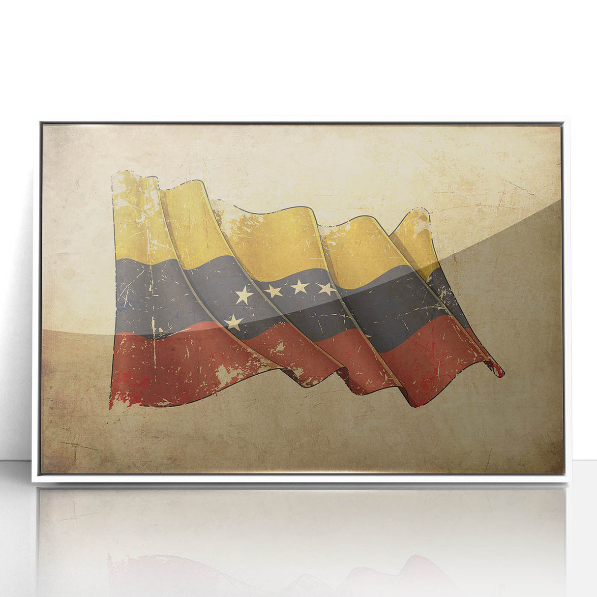 Acrylic print of a scenic Venezuelan landscape in art deco style, framed in white, suitable for modern nursery decor.