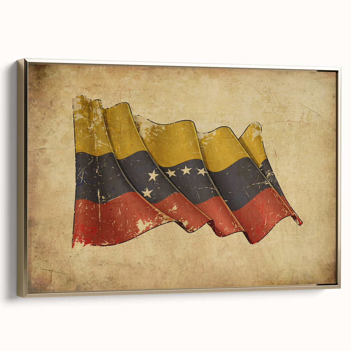 Framed canvas depicting a vintage-style Venezuelan landscape in muted gold and black tones, suitable for bedroom wall art.