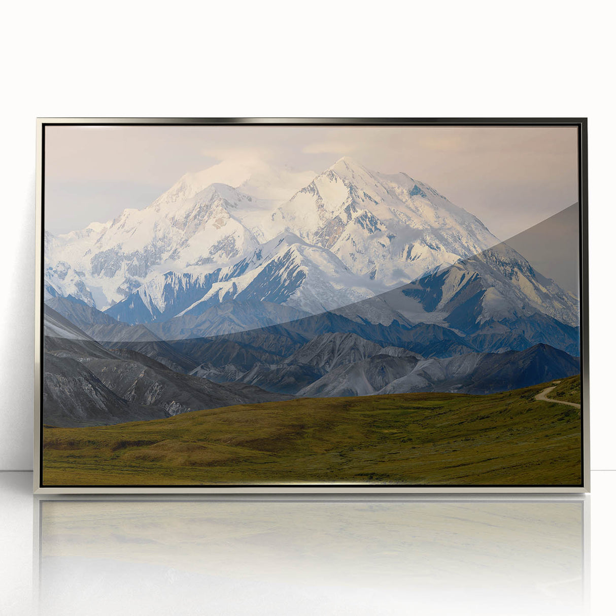Mid-century modernist art depicting Denali National Park in Alaska with muted earth tones on a framed acrylic print.