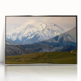 Mid-century modernist art depicting Denali National Park in Alaska with muted earth tones on a framed acrylic print.
