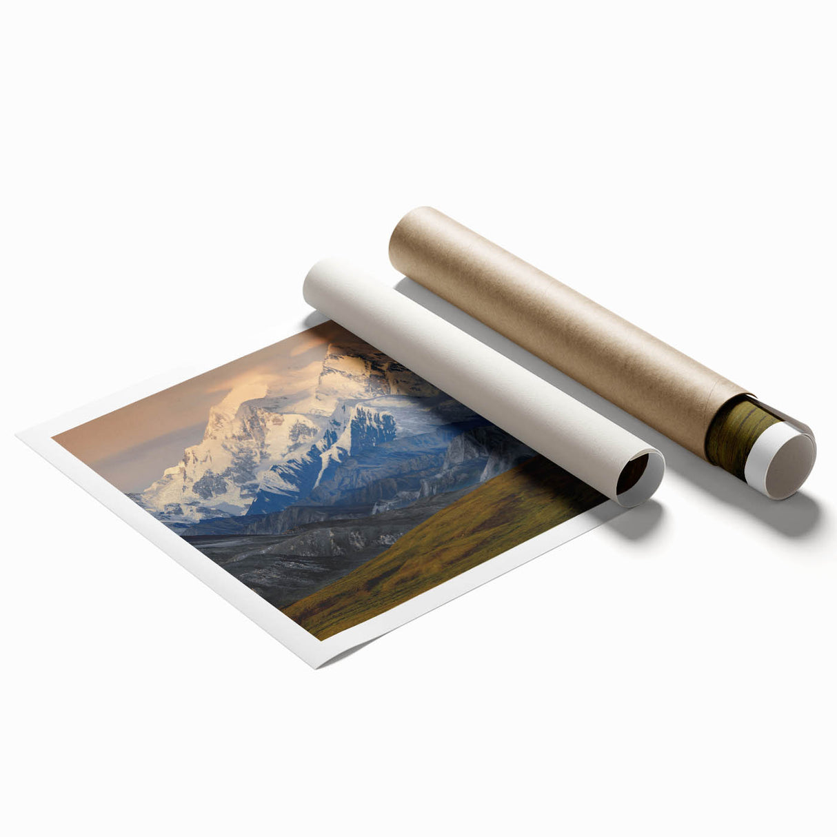 Extra large rolled print of Denali, Alaska, with muted earth tones, ideal for classy bathroom wall art.
