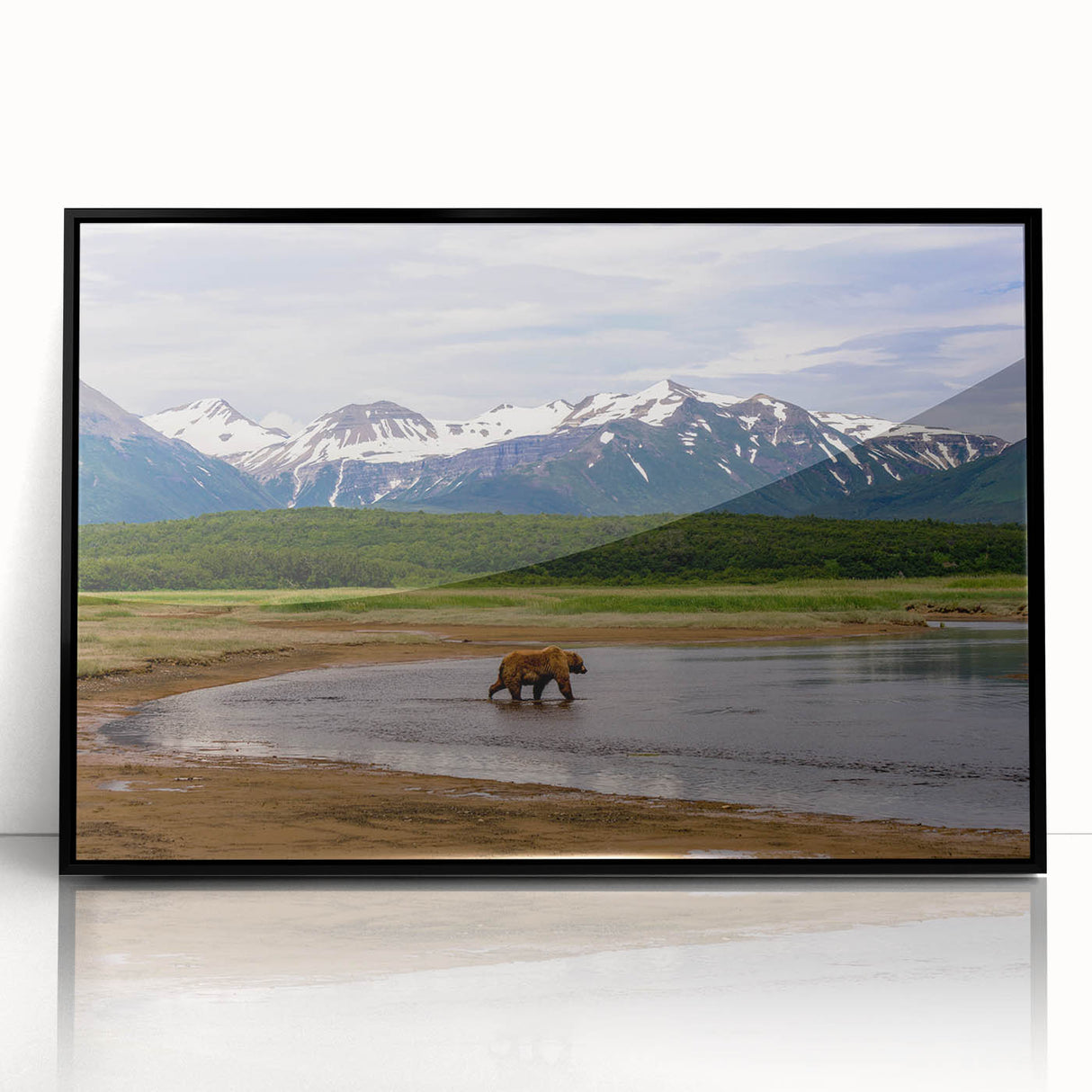 Large abstract wall art depicting an Alaskan landscape in muted earth tones on a framed acrylic.