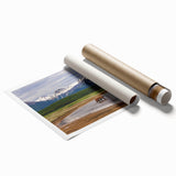 Alaskan landscape with floral motifs in soft blue and green tones on a large rolled canvas.