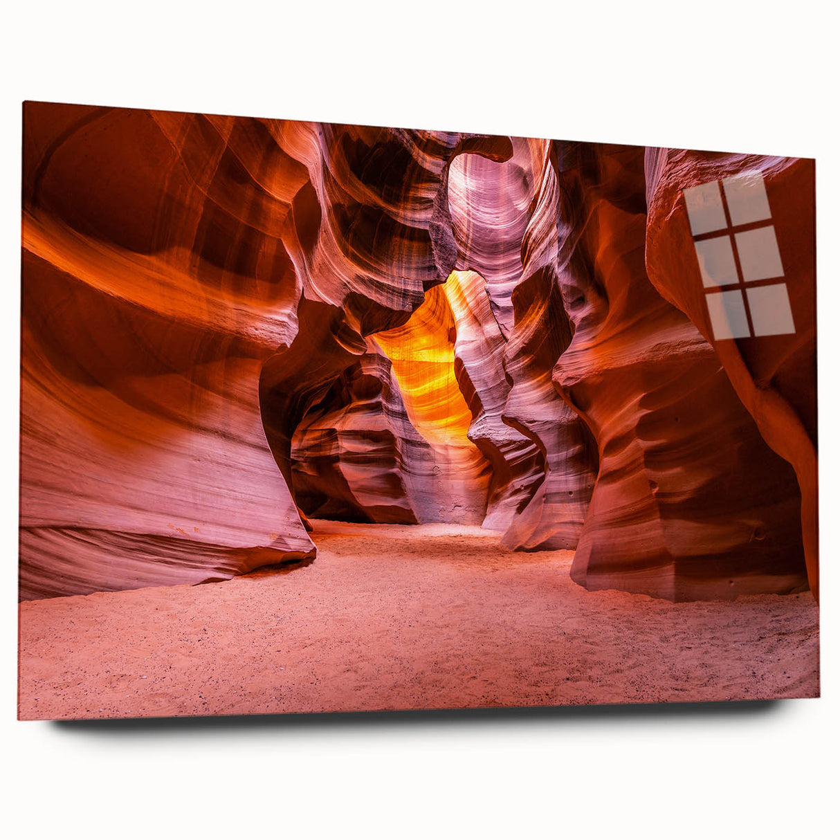 Large abstract depiction of Antelope Canyon in red and orange tones on acrylic glass, ideal for bedroom or dining room art.
