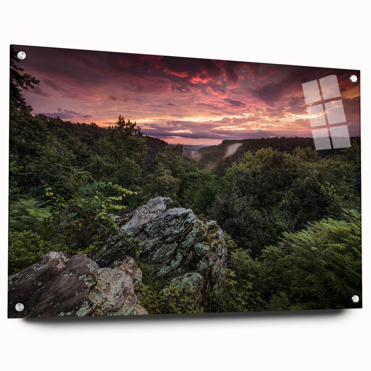 Acrylic print of a large abstract depiction of Arkansas scenery, in muted earth tones, ideal for dining room decor.