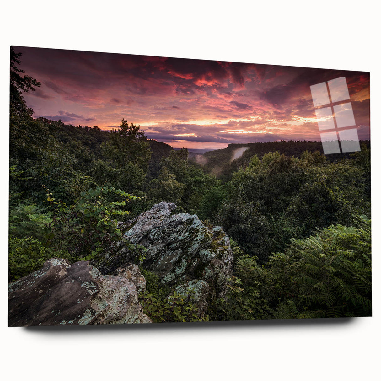 Large abstract wall art depicting the Arkansas scenery in muted earth tones on acrylic glass.