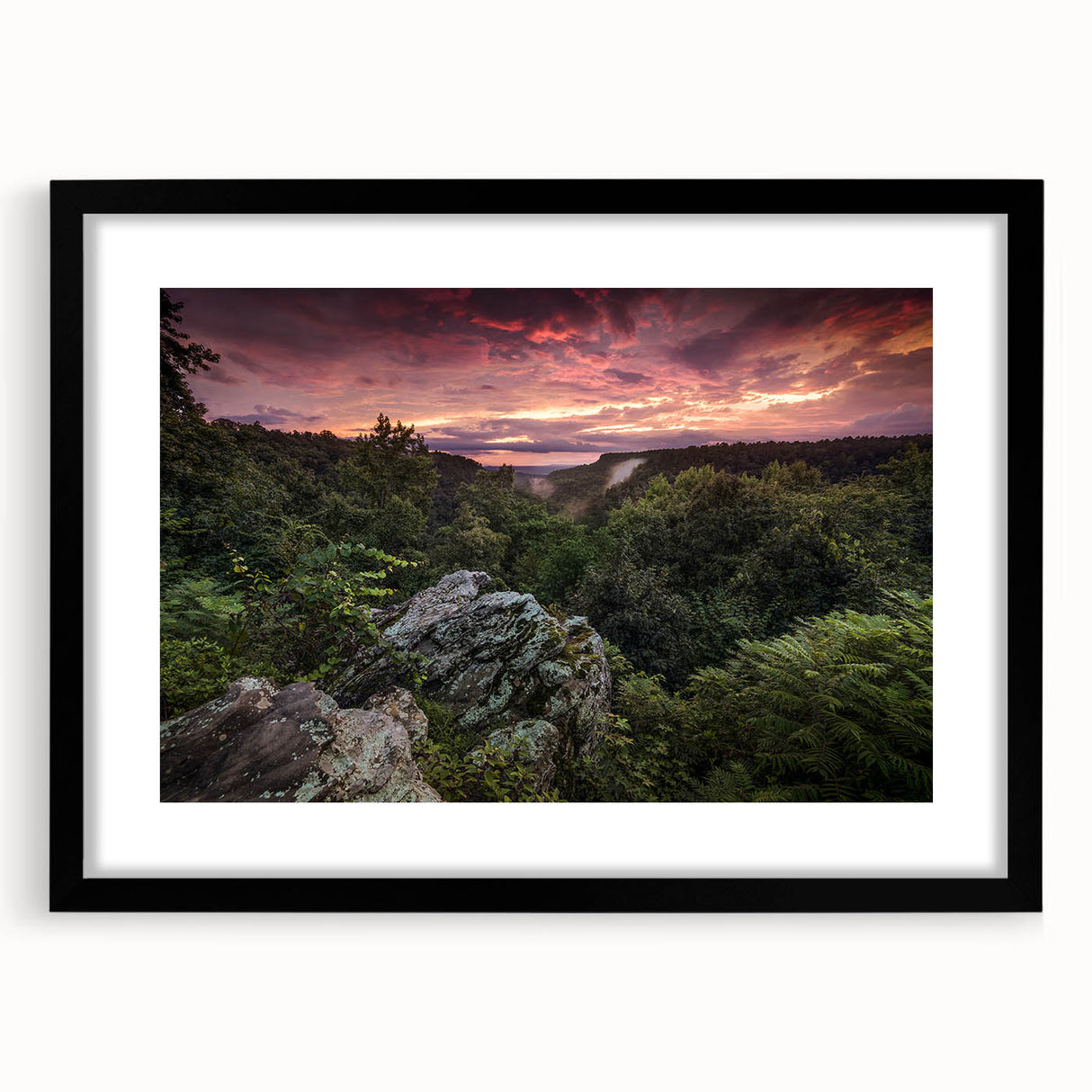 Abstract art print of a colorful, textured Arkansas scenery on a large black-framed canvas, ideal for living room decor.
