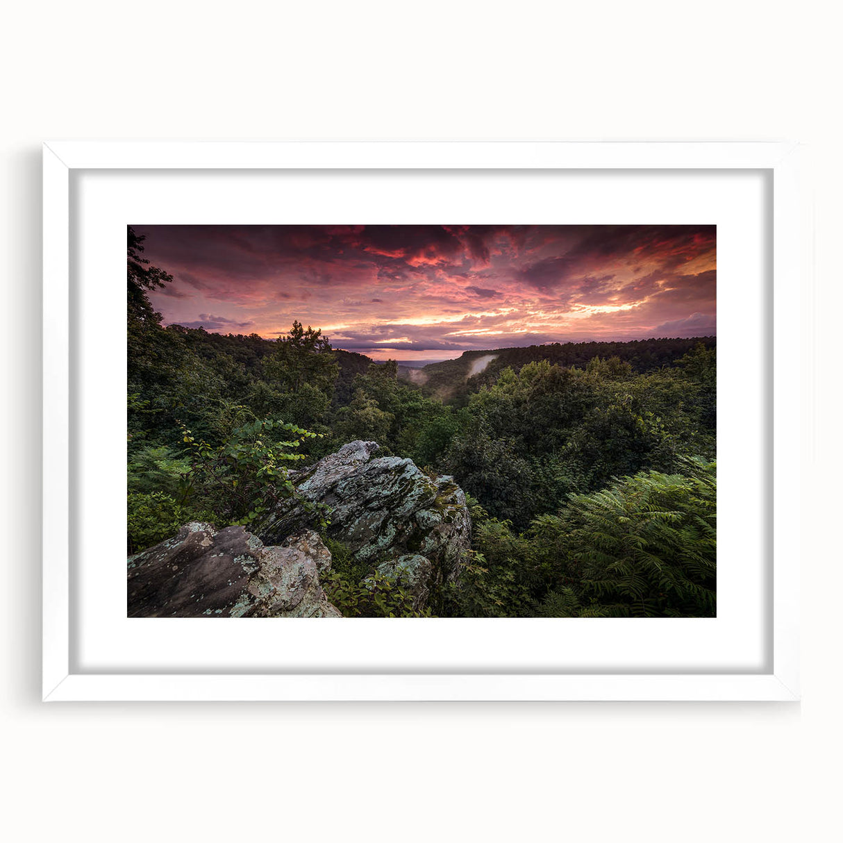 Abstract art print of Arkansas scenery in muted earth tones on a white framed canvas, suitable for dining room decor.